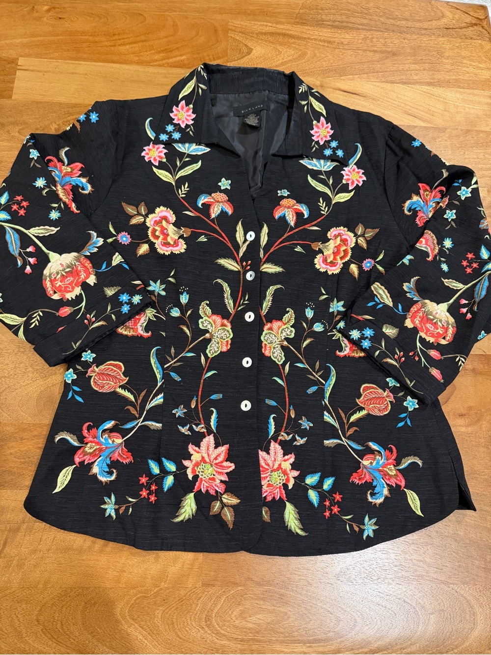 SilkLand 100% Silk Black Button-Down Top w/ Multicolor Floral Print Size Large